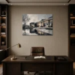 Glass Pavilion Modern Architecture Wall Art Canvas Print displayed in a contemporary gallery-inspired room