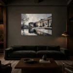 Glass Pavilion Modern Architecture Wall Art Canvas Print shown in a warm modern interior