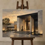 Sunset Villa Modern Architecture Wall Art Canvas Print displayed on a studio easel