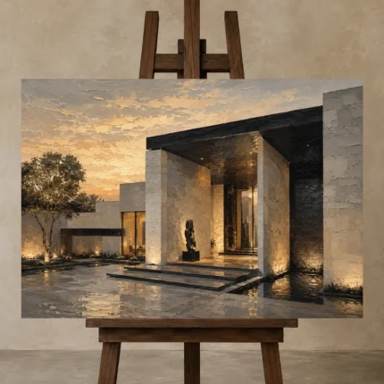 Sunset Villa Modern Architecture Wall Art Canvas Print displayed on a studio easel