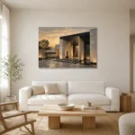 Sunset Villa Modern Architecture Wall Art Canvas Print styled in a refined neutral interior
