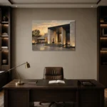 Sunset Villa Modern Architecture Wall Art Canvas Print displayed in a contemporary gallery-inspired room