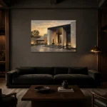 Sunset Villa Modern Architecture Wall Art Canvas Print shown in a warm modern interior
