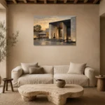 Sunset Villa Modern Architecture Wall Art Canvas Print presented in a sophisticated home setting