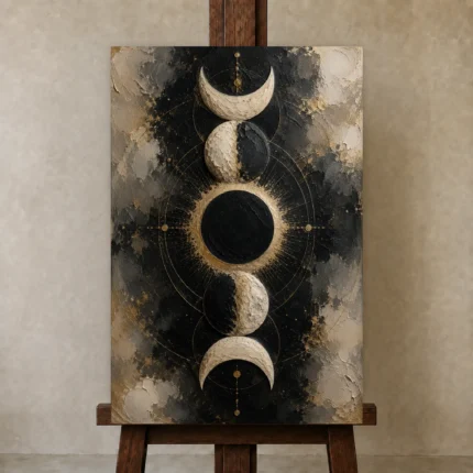 Eclipse Lunar Alignment Moon Phase Wall Art Canvas Print shown in Studio Easel