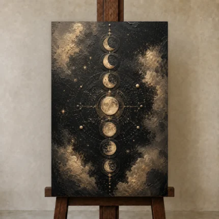 Celestial Lunar Map Moon Phase Wall Art Canvas Print shown in Studio Easel