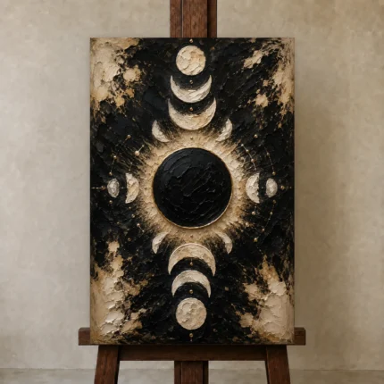 Black Eclipse Halo Moon Phase Wall Art Canvas Print shown in Studio Easel