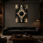 Black Eclipse Halo Moon Phase Wall Art Canvas Print shown in a warm modern interior