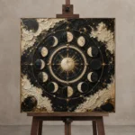 Celestial Lunar Calendar Moon Phase Wall Art Canvas Print displayed on a studio easel