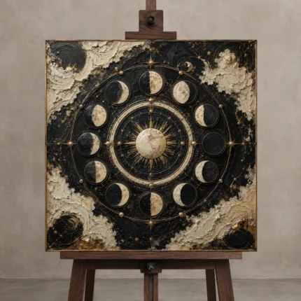 Celestial Lunar Calendar Moon Phase Wall Art Canvas Print shown in Studio Easel