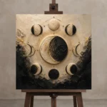 Celestial Crescent Orbit Moon Phase Wall Art Canvas Print displayed on a studio easel