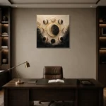 Celestial Crescent Orbit Moon Phase Wall Art Canvas Print displayed in a contemporary gallery-inspired room