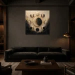 Celestial Crescent Orbit Moon Phase Wall Art Canvas Print shown in a warm modern interior