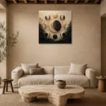 Celestial Crescent Orbit Moon Phase Wall Art Canvas Print presented in a sophisticated home setting