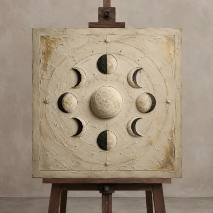 Ivory Lunar Orbit Moon Phase Wall Art Canvas Print displayed on a studio easel