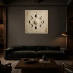 Ivory Lunar Orbit Moon Phase Wall Art Canvas Print shown in a warm modern interior