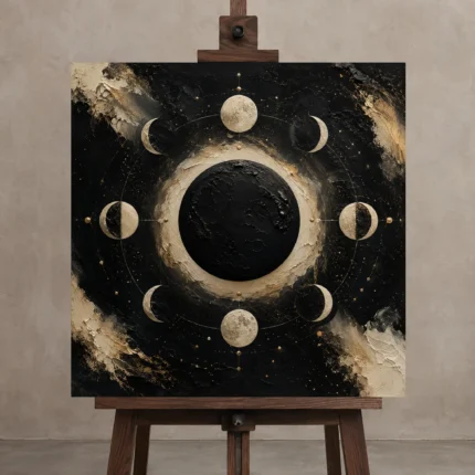 Black Lunar Eclipse Moon Phase Wall Art Canvas Print shown in Studio Easel