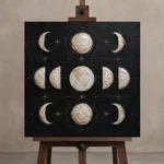 Noir Lunar Grid Moon Phase Wall Art Canvas Print displayed on a studio easel