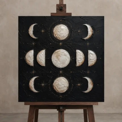 Noir Lunar Grid Moon Phase Wall Art Canvas Print displayed on a studio easel