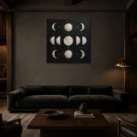 Noir Lunar Grid Moon Phase Wall Art Canvas Print shown in a warm modern interior