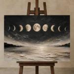 Coastal Lunar Horizon Moon Phase Wall Art Canvas Print displayed on a studio easel