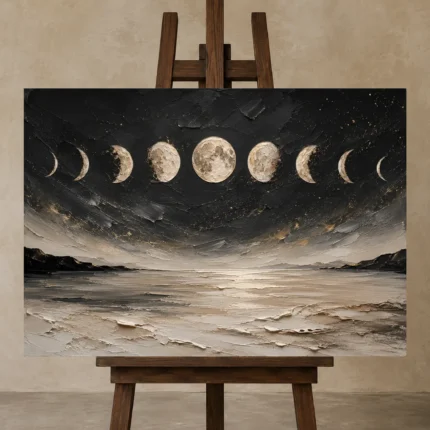 Coastal Lunar Horizon Moon Phase Wall Art Canvas Print shown in Studio Easel