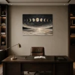 Coastal Lunar Horizon Moon Phase Wall Art Canvas Print displayed in a contemporary gallery-inspired room