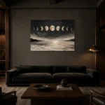Coastal Lunar Horizon Moon Phase Wall Art Canvas Print shown in a warm modern interior