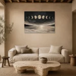 Coastal Lunar Horizon Moon Phase Wall Art Canvas Print presented in a sophisticated home setting