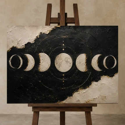 Horizontal Lunar Sequence Moon Phase Wall Art Canvas Print displayed on a studio easel
