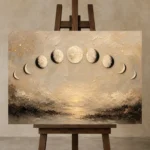 Golden Coastal Lunar Phases Moon Phase Wall Art Canvas Print displayed on a studio easel