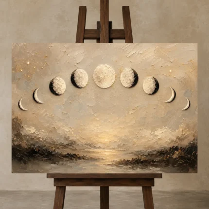 Golden Coastal Lunar Phases Moon Phase Wall Art Canvas Print shown in Studio Easel