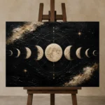 Noir Celestial Alignment Moon Phase Wall Art Canvas Print displayed on a studio easel
