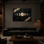 Noir Celestial Alignment Moon Phase Wall Art Canvas Print shown in a warm modern interior