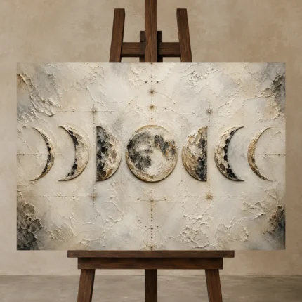 Ivory Celestial Sequence Moon Phase Wall Art Canvas Print displayed on a studio easel