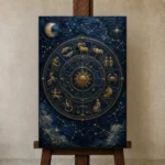 Celestial Zodiac Wheel Astrology Wall Art Canvas Print displayed on a studio easel