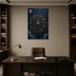Celestial Zodiac Wheel Astrology Wall Art Canvas Print displayed in a contemporary gallery-inspired room