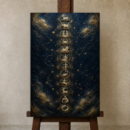 Zodiac Medallion Astrology Wall Art Canvas Print shown in Studio Easel