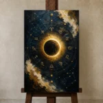 Celestial Eclipse Zodiac Wall Art Canvas Print displayed on a studio easel
