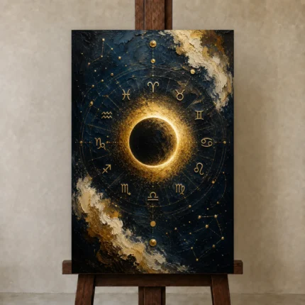 Celestial Eclipse Zodiac Wall Art Canvas Print shown in Studio Easel