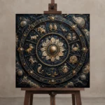 Crystal Zodiac Wheel Zodiac Wall Art Canvas Print displayed on a studio easel