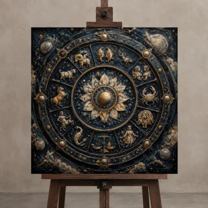 Crystal Zodiac Wheel Zodiac Wall Art Canvas Print shown in Studio Easel
