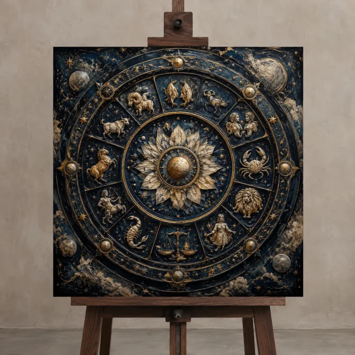 Crystal Zodiac Wheel Zodiac Wall Art Canvas Print displayed on a studio easel