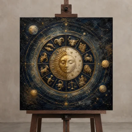 Sun and Moon Zodiac Wall Art Canvas Print displayed on a studio easel
