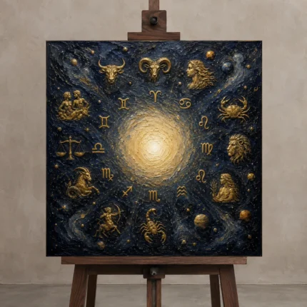Golden Zodiac Constellation Zodiac Wall Art Canvas Print shown in Studio Easel