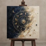 Ivory Lunar Dial Zodiac Wall Art Canvas Print displayed on a studio easel