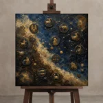 Celestial Medallion Map Zodiac Wall Art Canvas Print displayed on a studio easel