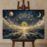 Celestial Horizon Zodiac Wall Art Canvas Print displayed on a studio easel