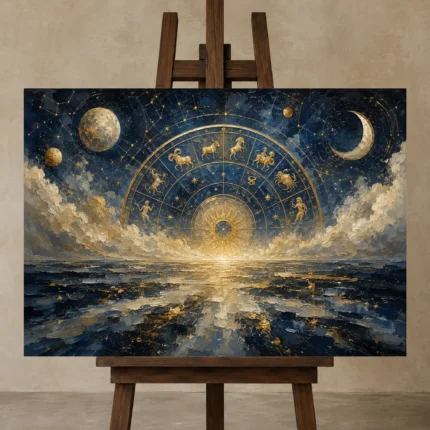 Celestial Horizon Zodiac Wall Art Canvas Print shown in Studio Easel