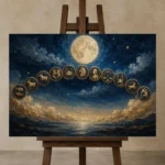 Moonlit Zodiac Arc Zodiac Wall Art Canvas Print displayed on a studio easel